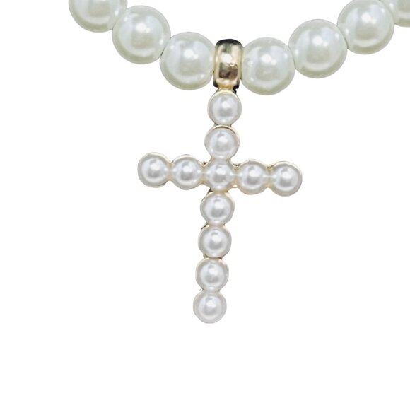 New 3 Strand Faux Pearl & Cable Chain Gold Tone Necklace With Cross Charm (5454) - Picture 5 of 8